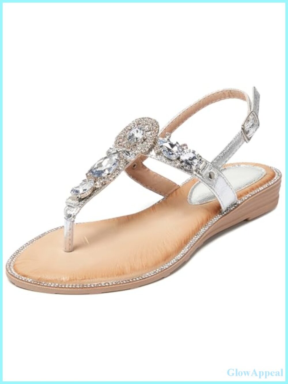 Rhinestone Flat Sandals T-Strap Faux Leather Bohemian Beaded